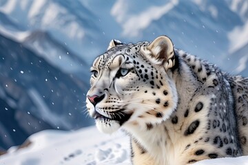 portrait of a snow leopard in the snow