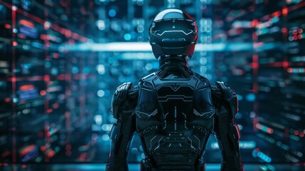 Futuristic cyber warrior standing guard over a network symbolizing active defense against cyber threats - obrazy, fototapety, plakaty