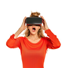 Woman enjoy using virtual reality glasses. The reactions are exciting and fun. PNG