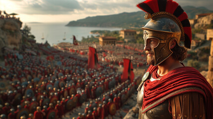 16:9 the commanding presence of General as he leads a phalanx of Spartan warriors at the forefront of a critical battle. - obrazy, fototapety, plakaty