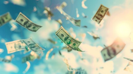 Dollars Cascading Against a Blue Sky, Conceptualizing Financial Abundance and Wealth - obrazy, fototapety, plakaty