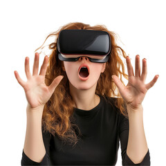 Woman enjoy using virtual reality glasses. The reactions are exciting and fun. PNG