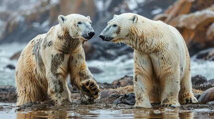 dynamic scene of playful polar bears enjoying a mud pool, capturing their massive paws and playful...