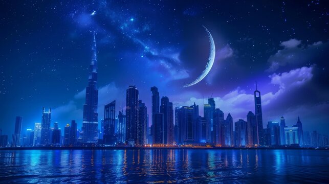 Futuristic City Skyline at Night with Reflective Water and Crescent ramadan Moon