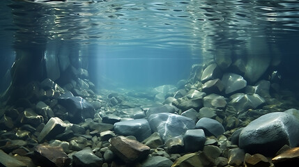 Show me stones under the water's surface, creating a mysterious effect. - obrazy, fototapety, plakaty