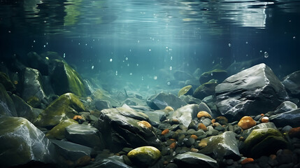 Show me stones under the water's surface, creating a mysterious effect. - obrazy, fototapety, plakaty