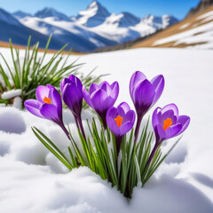 A bright bush of crocus flowers emerging from the snow in the mountains.