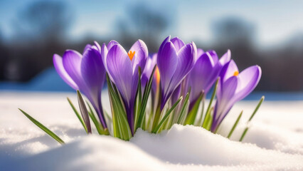 Banner, close-up of a purple crocus in the snow. Side view.