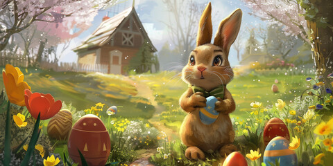 A fairy-tale Easter illustration showing a bunny holding an Easter egg. - obrazy, fototapety, plakaty