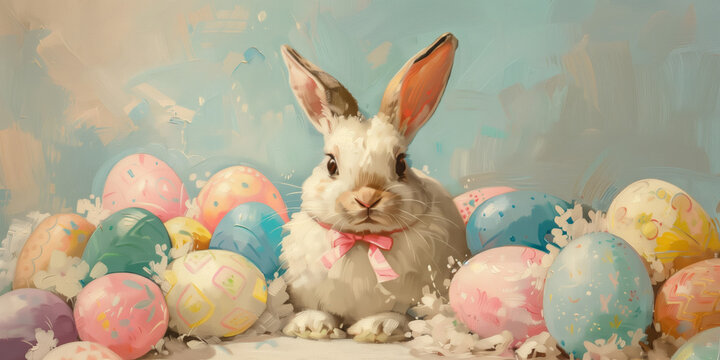 An Easter painting showing a bunny surrounded by Easter eggs.