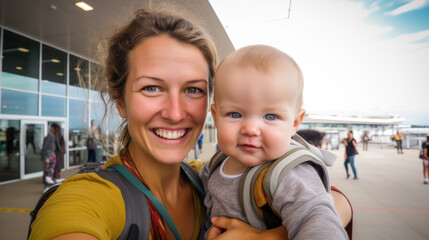 Mom with baby in her arms takes a selfie before flying on vacation