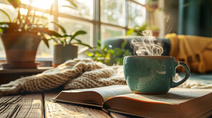 Steaming cup of coffee rests on an open book in a warmly lit, cozy indoor setting - obrazy, fototapety, plakaty