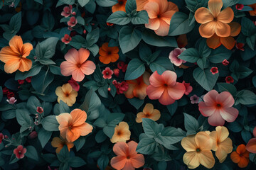 A lush bed of orange and pink hibiscus flowers intermingled with rich green leaves - obrazy, fototapety, plakaty