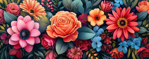 Fototapeten Colorful and detailed digital illustration of a variety of flowers with a dark background. © Cherrita07