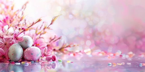 Easter composition on a blurred pastel background.
