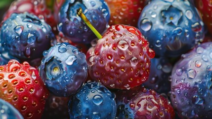 Fototapeta premium Fresh Berries with Water Droplets Macro Shot. Macro photography of vibrant fresh berries with water droplets, highlighting their juicy texture and the freshness of organic produce.