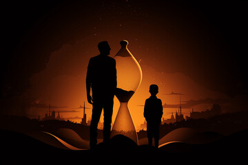 Abstract concept of time passing by. Father and son dark silhouettes in abstract hourglass surreal background. Turn back time concept. Melancholic mood - obrazy, fototapety, plakaty