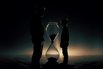 Abstract concept of time passing by. Father and son dark silhouettes in abstract hourglass surreal background. Turn back time concept. Melancholic mood