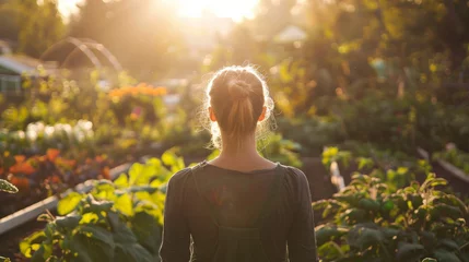 Fotobehang Young blonde woman in her vegetable garden , enjoying the view of nature and growth of her own natural organic products in her backyard © Keitma