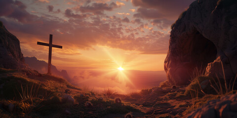 The cross on the mountain in the rays of the rising sun. - obrazy, fototapety, plakaty