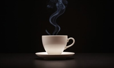 hot coffee with little smoke in a white cup isolated on a dark background