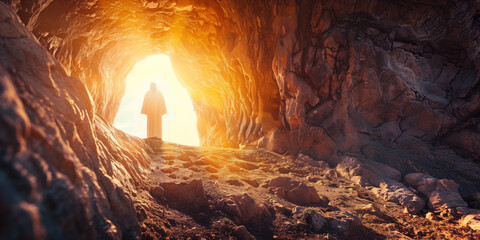 The resurrected Jesus Christ standing at the exit from the tomb. - obrazy, fototapety, plakaty