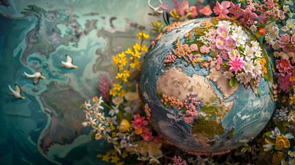 An intricately detailed globe showcasing the spring awakening of flora and fauna across different continents, emphasizing the beauty and interdependence of Earth's ecosystems in spring season.