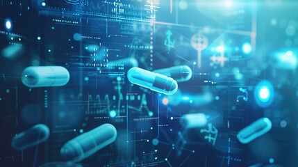 Innovative light pills or drugs carrying nanobots in light blue glowing cybersace as new medical approach background with digital science and AI futuristic using digital technology cyberspace
