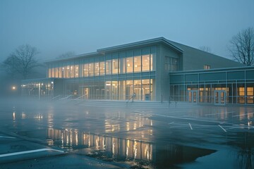 Foggy morning at a middle school, the building emerging mystically, symbolizing the journey of discovery and learning.