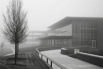 Obraz premium On a misty morning, the school emerges mysteriously, embodying the path to knowledge and growth.