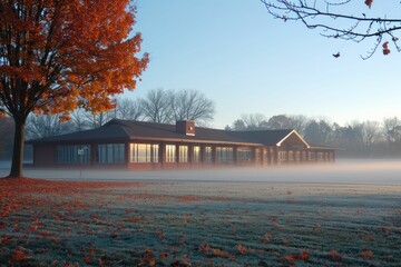 In the misty morning, the school rose mysteriously, embodying the path to knowledge and understanding.