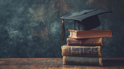 Achieving educational milestones, a graduation cap atop textbooks symbolizes academic excellence.