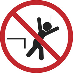 Isolated round label sign man jump from edge, danger high platform, fall risk, jumping is prohibited