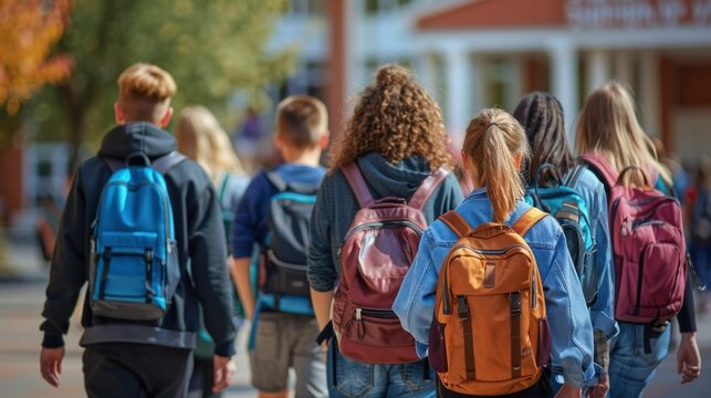 High school students, backpacks in tow, walking towards the school with the morning glow of a new day ahead.