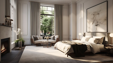 An executive bedroom with a large bay window and blackout shades.