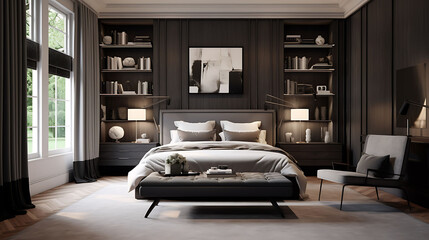 An executive bedroom with a large bay window and blackout shades.