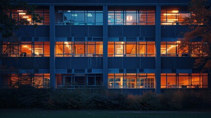 The high school building's evening lights, glowing windows show dedication to learning past hours.