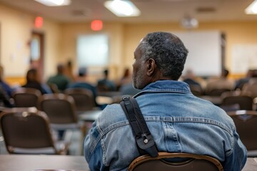Evening seminar at a local community center, adults gathered to learn about financial literacy, the importance of continuing education on display.