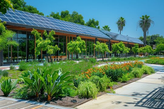 Eco-friendly middle school showcases sustainability with green plants and solar panels, promoting environmental education.