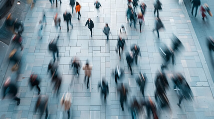aerial view of people walking in motion blur