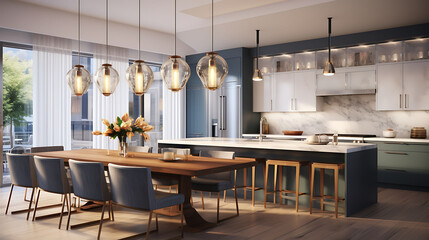 An image of an open-plan kitchen with a glass backsplash and pendant lights.