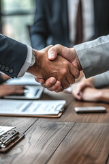 Businessmen shake hands to signify teamwork in business merger and acquisition negotiations
