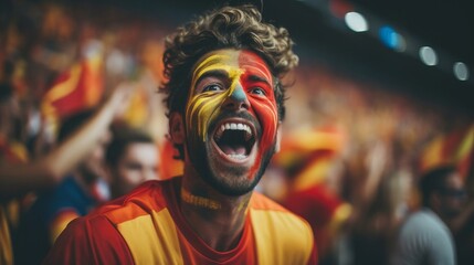 A happy fan with the Spanish flag painted on his face is shouting in celebration - obrazy, fototapety, plakaty