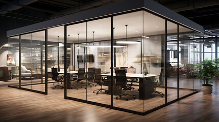 An image of a contemporary office with modular glass walls and collaborative workspaces.