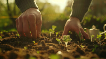 A close-up scene of hands gently planting a seed in fertile soil. The background is a tranquil garden with warm light of the morning sun. Represent the act of hope and commitment to the environment. - obrazy, fototapety, plakaty