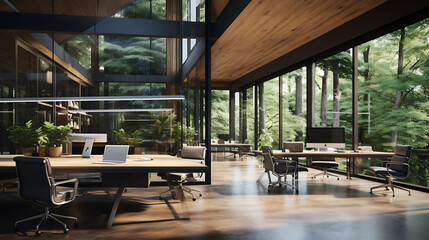 An image of a contemporary office with large glass windows and sliding glass doors. - Powered by Adobe