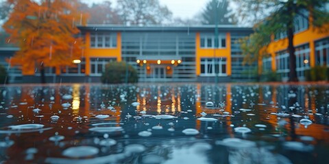 Raindrops on school windows, outside storm contrasting warmth of learning inside.