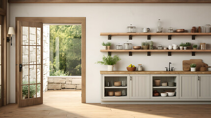 An image of a farmhouse kitchen with a Dutch door and open shelving.