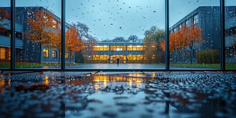 Raindrops on the windows of a high school building, the stormy weather outside contrasting with the warmth of learning inside.