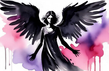 Watercolor black angel with wings, sorrow and grief